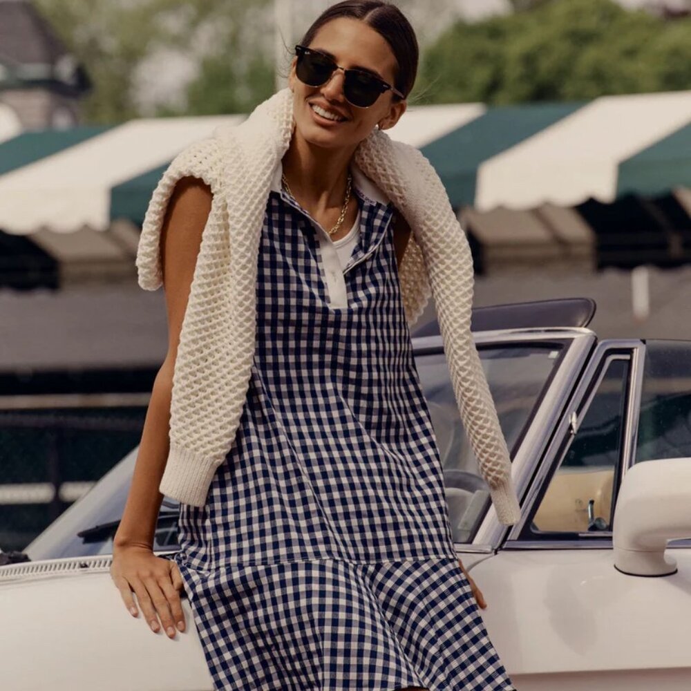 Tuckernuck Exercise Dress Navy Gingham Sleeveless Performance Seersucker NEW S